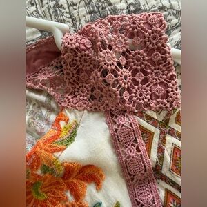 Anthropologie Boho TINY Crochet Lace Floral Embroidered Top, Dusty Rose & Orange